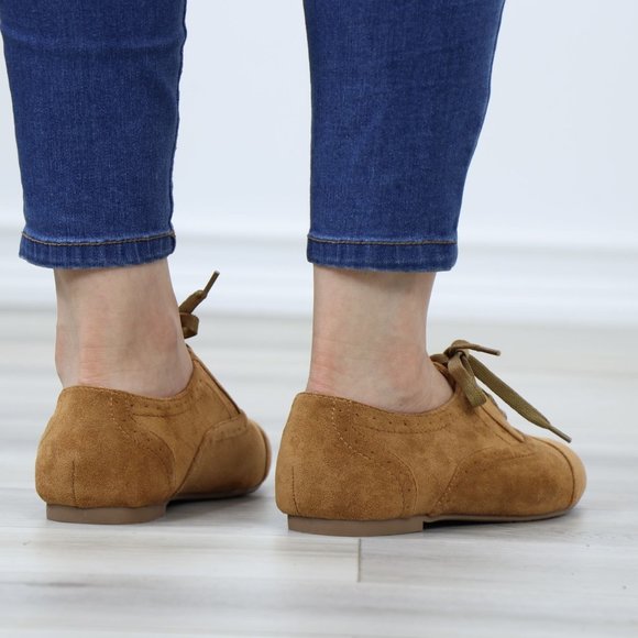 Tan Faux Suede Lace up Flat Heel Oxford Style Shoes - Picture 7 of 12